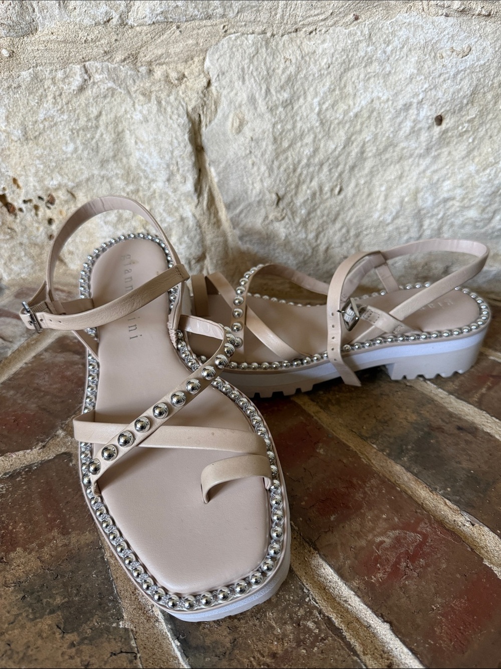 Gianni Bini Beige Studded Platform Sandals